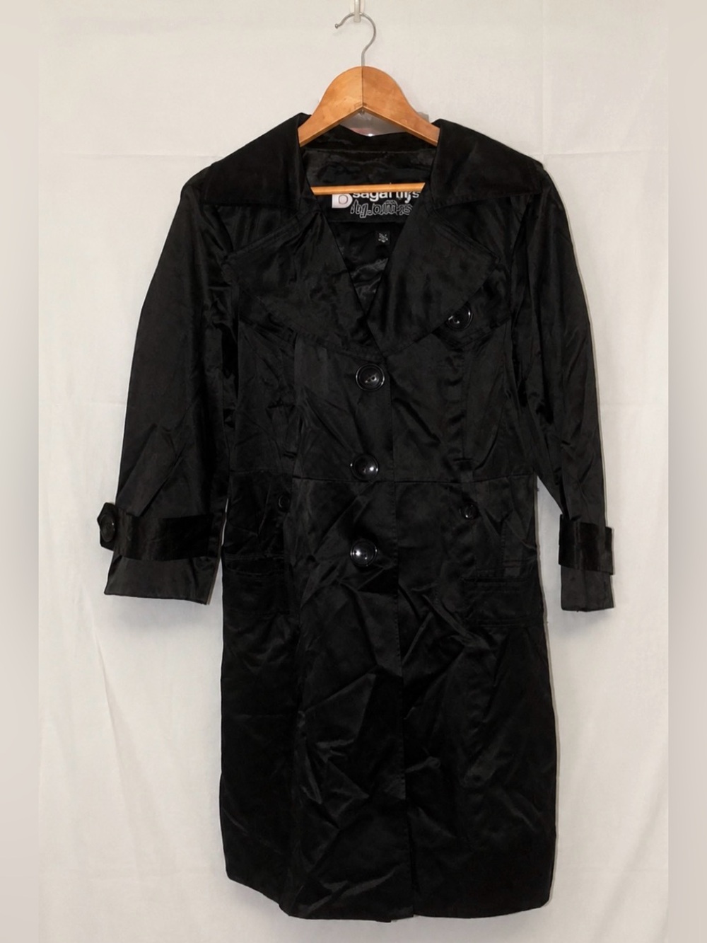 Y2K - Sugarfly New York- black trench coat- sleek - lined- big collar